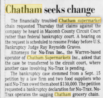 Chatham Supermarket - 1987 BANKRUPTCY CASE